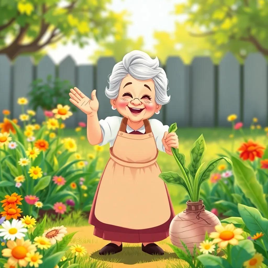 Grandma Lily, in a lovely apron with silver hair, cheering and helping to pull the turnip, surrounded by flowers and vegetables, warm sunshine, charming illustration, friendly, uplifting vibe, inviting colors