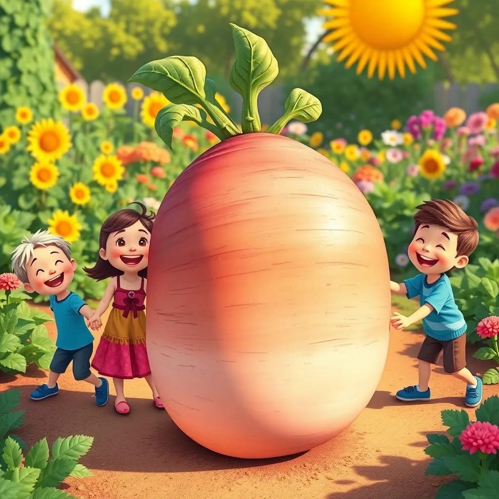 A group of children, laughing and helping the family, holding hands in a line, all pulling together on the enormous turnip, sunny garden background, vibrant illustration, fun and playful, child-friendly