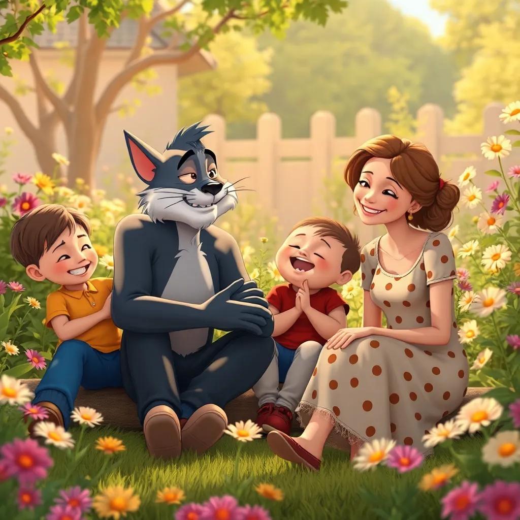 A tired but hopeful family sitting together, Tom encouraging everyone with smiles, garden filled with flowers, warm sunlight, appealing art style, joyful atmosphere, inviting and friendly