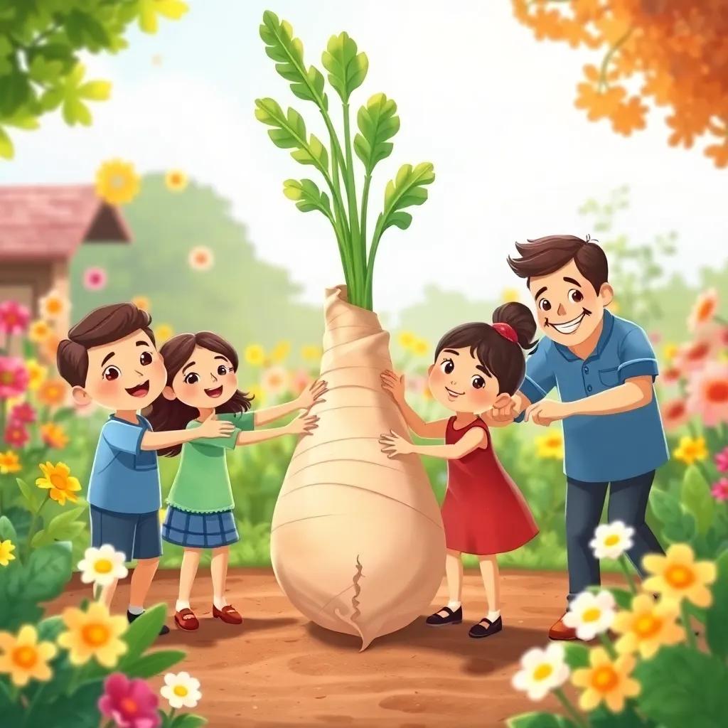 A charming scene of the whole family holding hands and pulling together with all their might on the turnip, surrounded by a bright garden, cheerful colors, joyful expression, high quality illustration