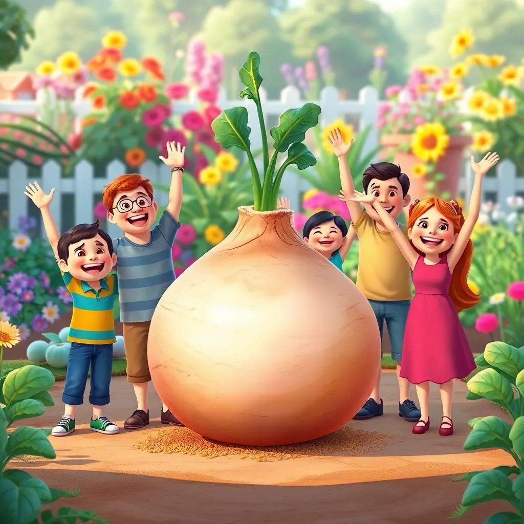 A massive turnip sitting before the excited family, who are beaming with joy, with their arms raised in cheer, colorful garden in the background, vibrant and happy illustration, child-friendly