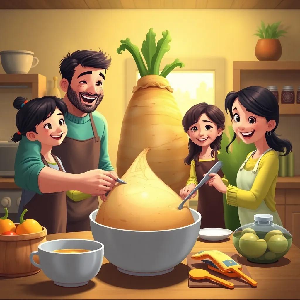 The family cooking together in a cozy kitchen, making turnip soup with the enormous turnip, smiles and teamwork, warm light, friendly kitchen atmosphere, delicious details, inviting and lively art, high quality