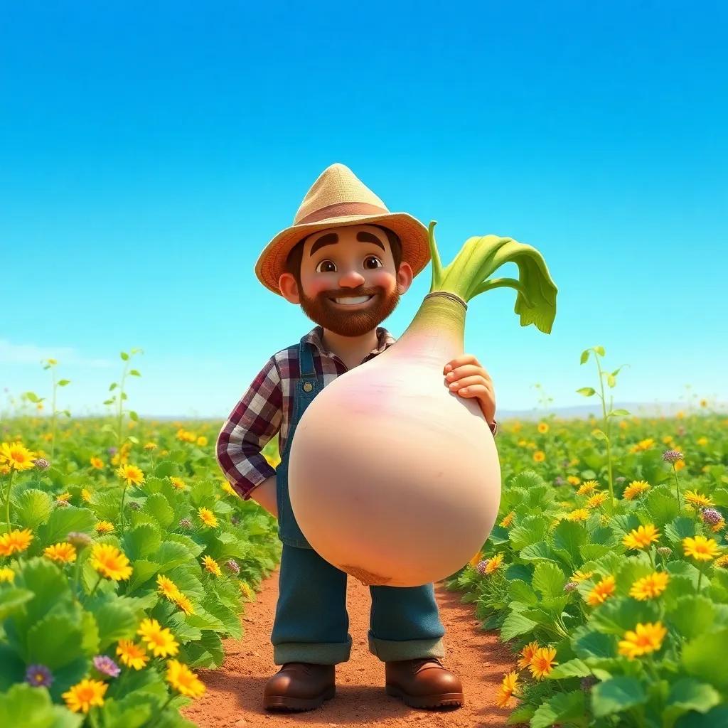 A happy farmer standing in a field with an enormous turnip, bright blue sky, green plants around, colorful flowers, cheerful vibe, digital art, vibrant colors, warm light, high quality