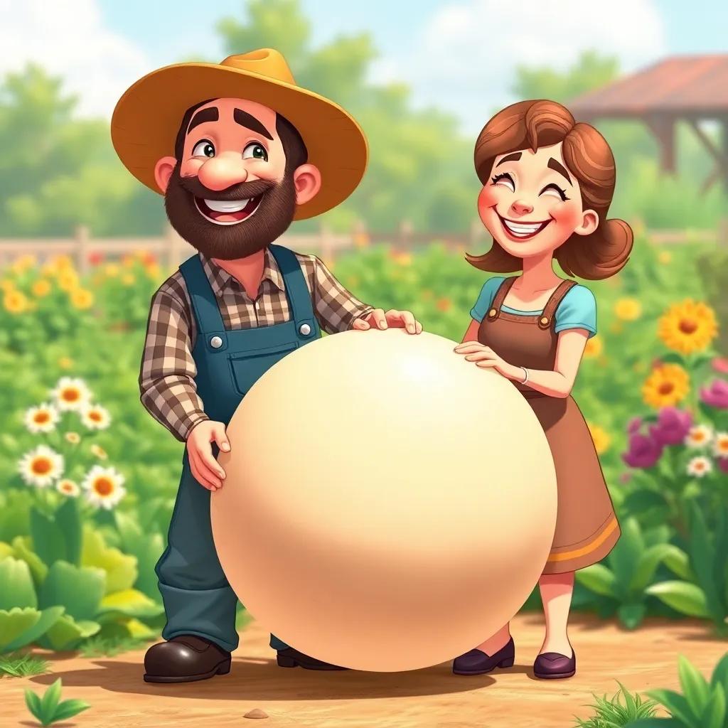 A farmer and his wife, both smiling, pulling on a big turnip together, bright sunny day, green garden in the background, fun atmosphere, illustration, colorful, engaging