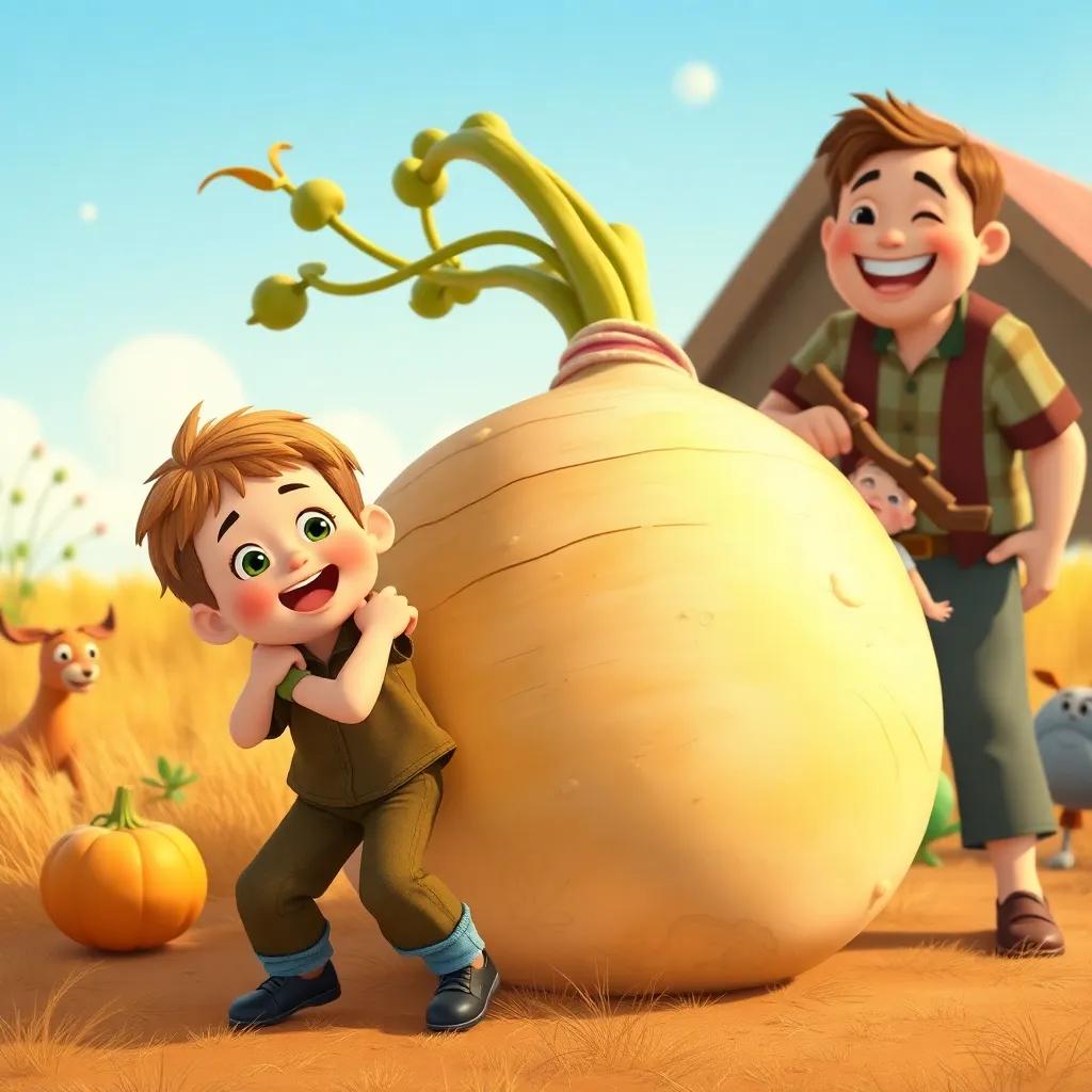 A little boy, holding tight, struggling to pull the enormous turnip with his family, laughter in the air, bright colors, cartoonish style, whimsical vibe, high quality