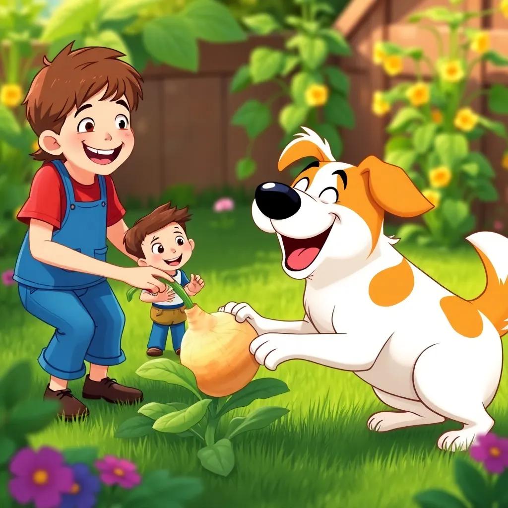 A friendly dog barking happily while trying to pull the turnip with the family, joyful scene in a green garden, playful and vibrant, illustration, cheerful colors