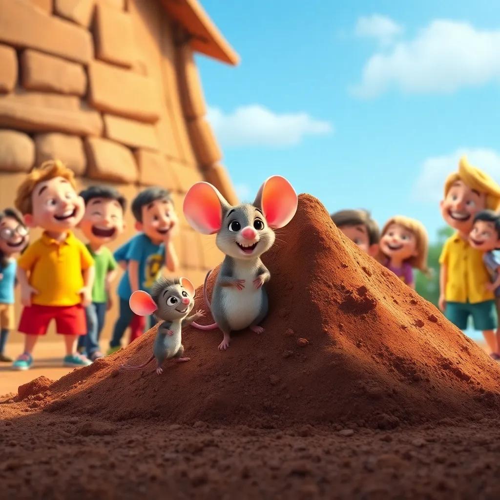 A tiny mouse joining the teamwork, standing next to a big pile of dirt, everyone around laughing, bright colors, cartoon style, vibrant and engaging, high quality