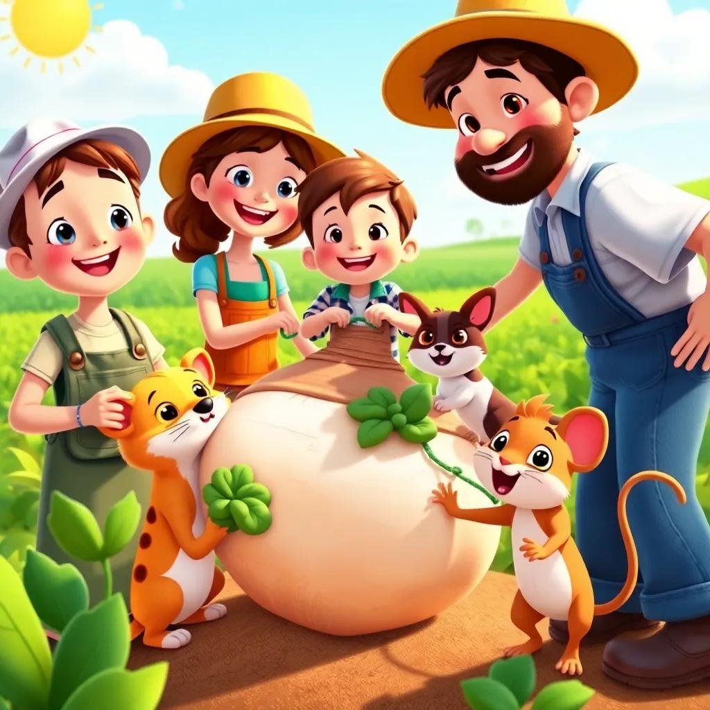 All the characters: farmer, wife, boy, dog, cat, and mouse pulling the turnip together, bright sunny day, joyful expressions, colorful atmosphere, digital art, friendly and fun