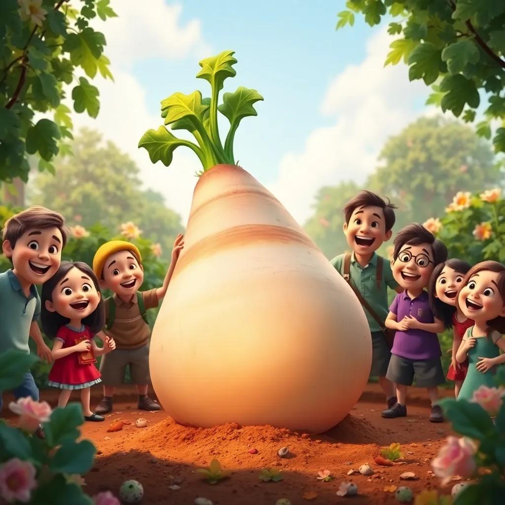 The enormous turnip being pulled out from the ground with a big pop, everyone’s faces filled with joy, colorful background in a joyful garden scene, high quality