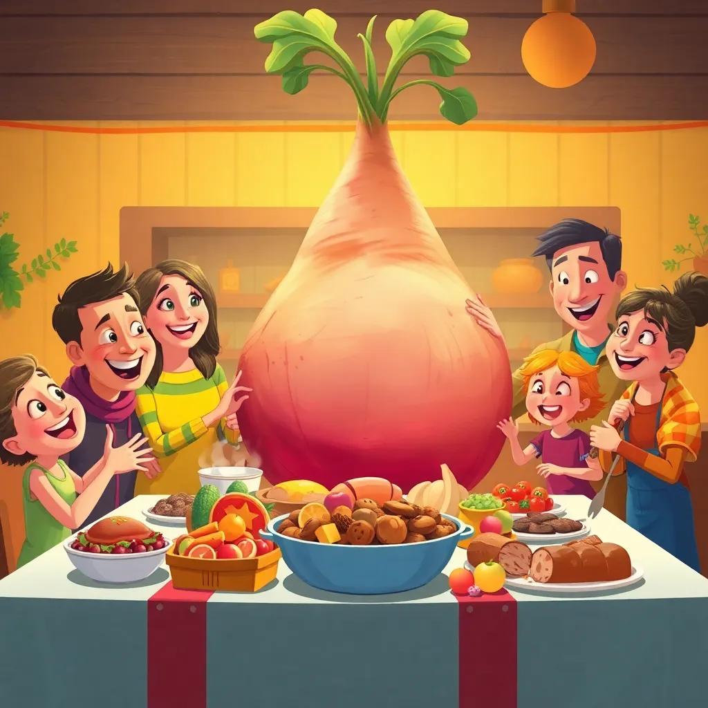 The family celebrating around the enormous turnip after pulling it out, cooking a feast with smiles and laughter, colorful dinner setup, engaging and heartwarming scene, digital art, festive atmosphere