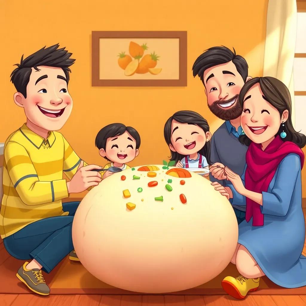 The family happily sharing a meal made from the enormous turnip, sitting together with joyful expressions, bright colors, cheerful setting, high quality, warm and inviting