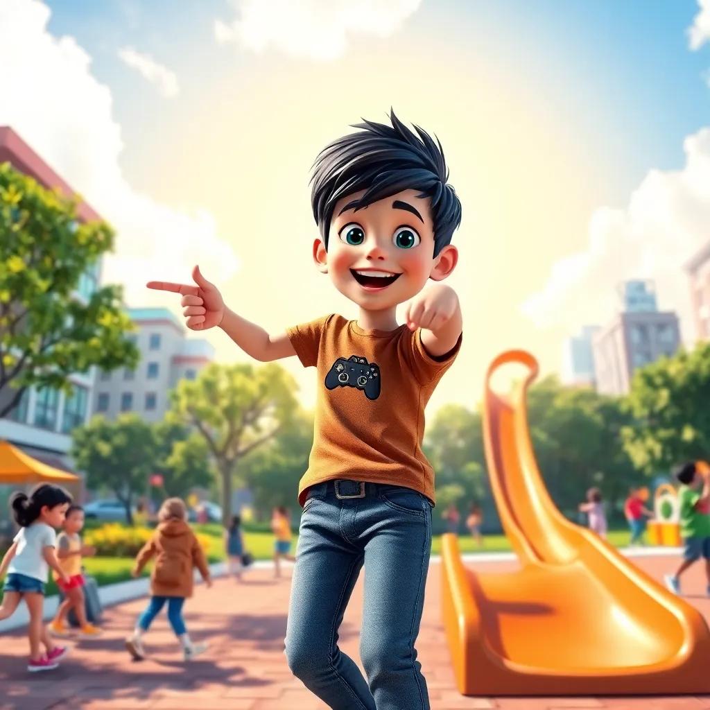 A bustling city park with a sunny sky, kids playing, IShowSpeed, a spirited boy with short black hair wearing a gaming shirt and jeans, excitedly pointing to a large slide, digital art, vibrant colors, lively atmosphere, high quality