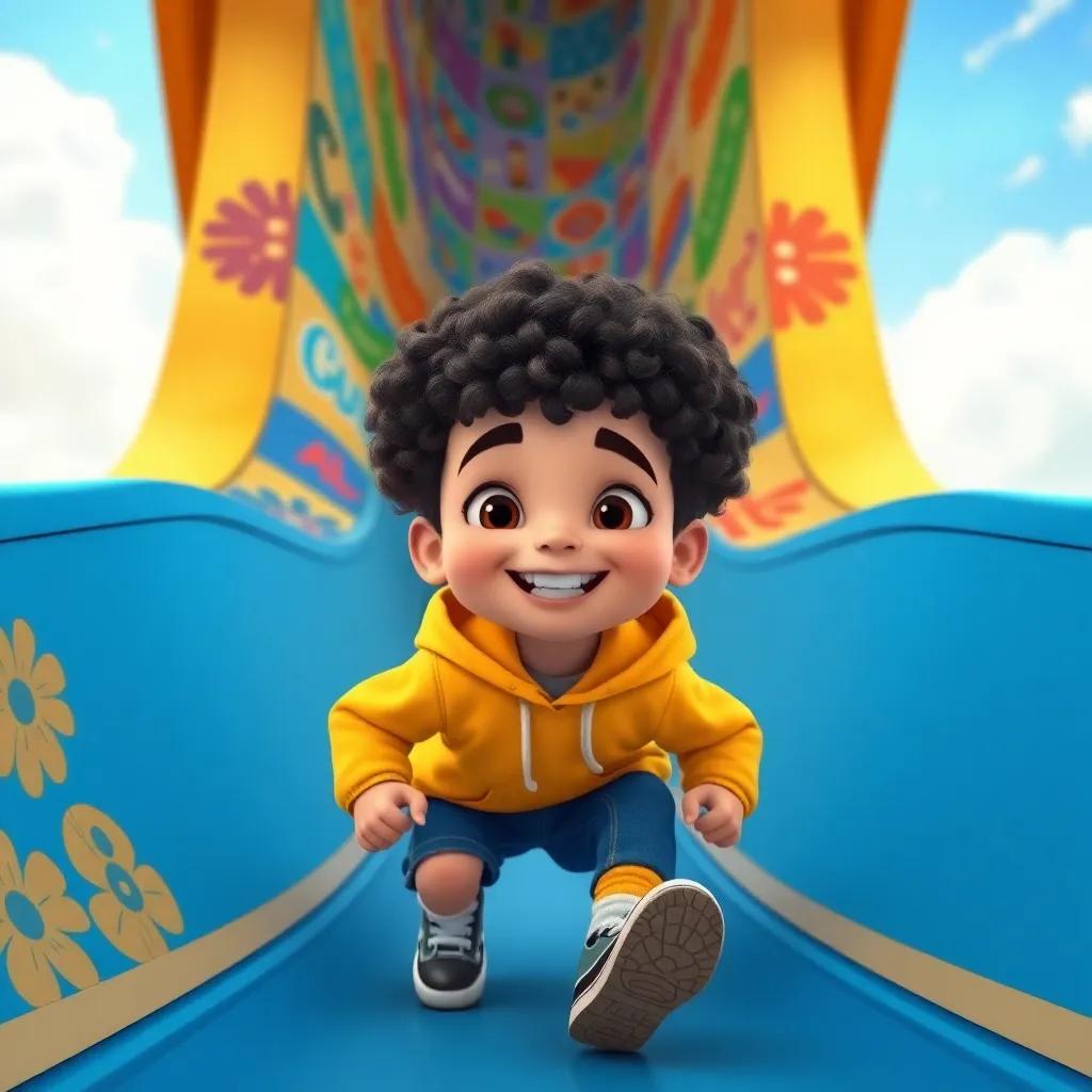 A tall slide filled with colorful designs, IShowSpeed and Kai Cenat, a charming boy with curly hair in a bright hoodie, preparing for a race to the bottom, smiling and energetic, illustration, child-friendly, adventurous, high quality