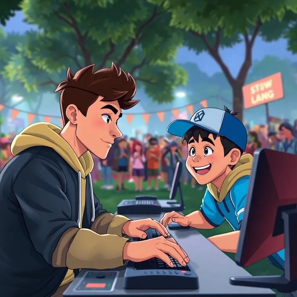 An intense gaming showdown at a park, IShowSpeed focused and determined at a gaming console, Kai grinning and giving strategies, crowds cheering in the background, digital art, playful colors, dynamic scene, high quality