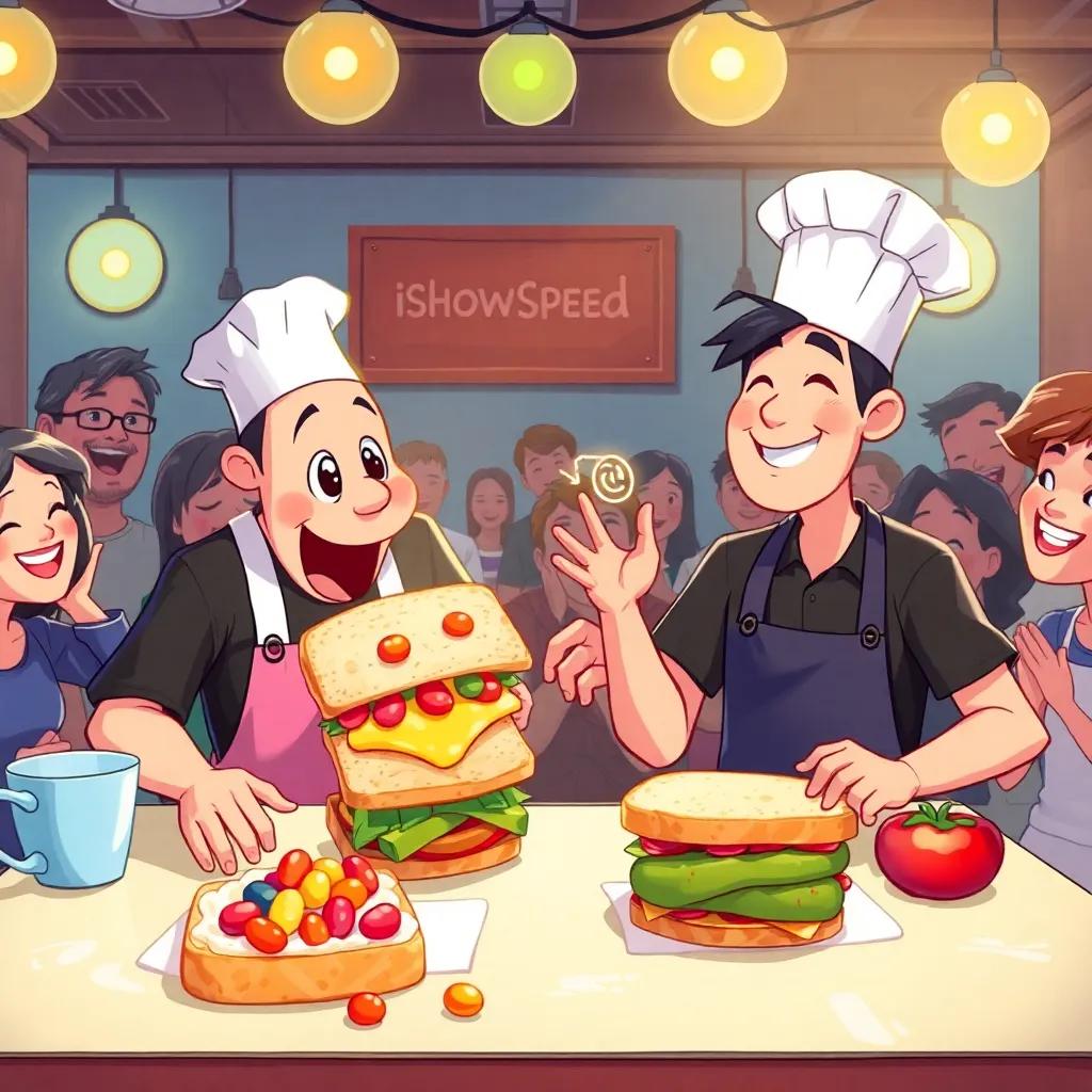A cooking contest area with IShowSpeed and Kai featuring funny sandwich creations, IShowSpeed with jellybeans, Kai with pickles, fans laughing together around them, colorful, joyful atmosphere, illustration, high quality