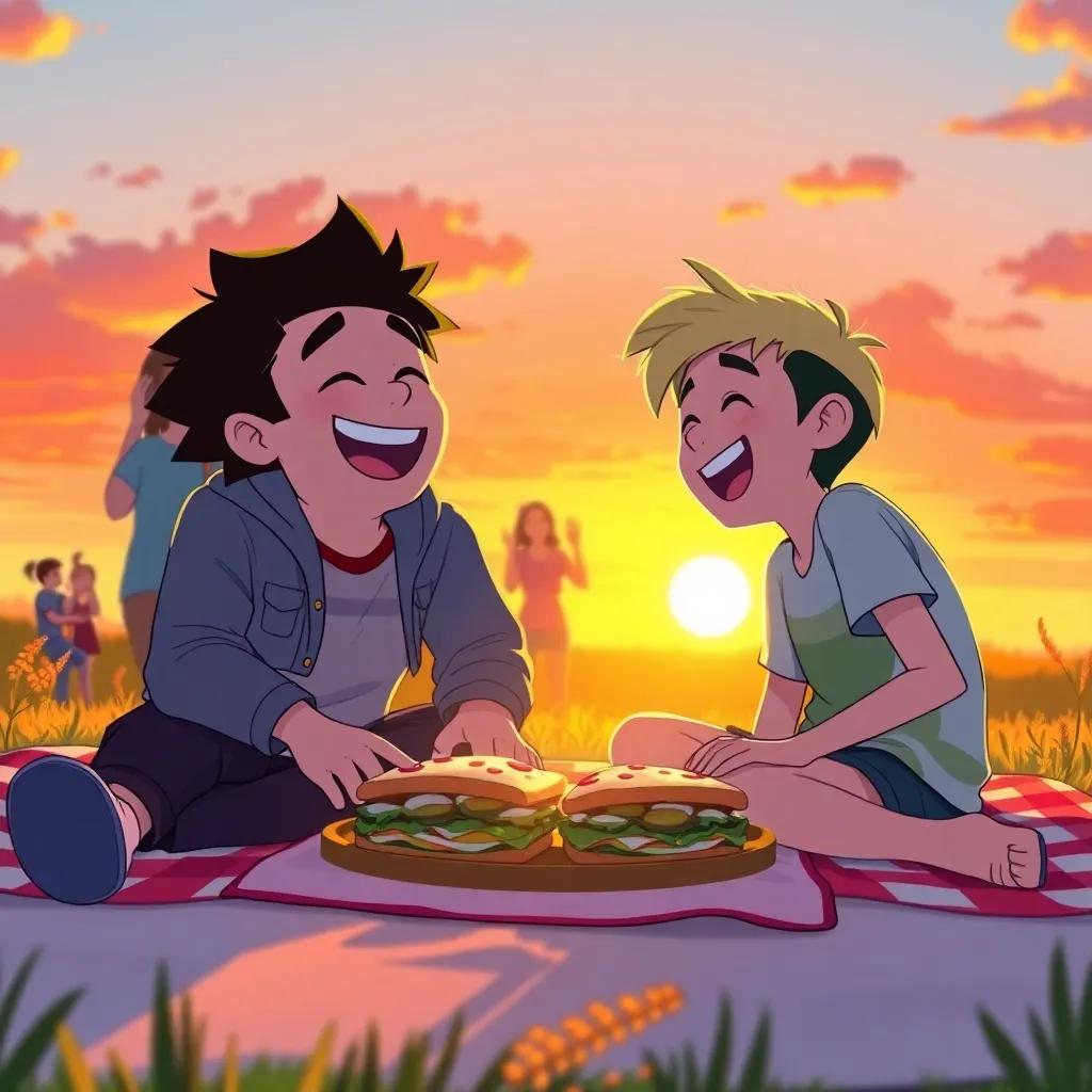 A picnic scene at sunset, IShowSpeed and Kai laughing together on a blanket, fans around them sharing funny sandwich creations, bright sunset colors, warm and inviting, high quality