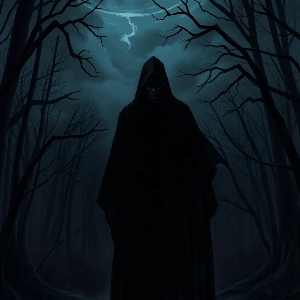 A shadowy figure in the woods, a kidnapper in a dark cloak with a menacing face, standing near Lila's home, with twisted branches and dark clouds overhead, digital painting, ominous atmosphere, sharp contrast, capturing the scene's tension