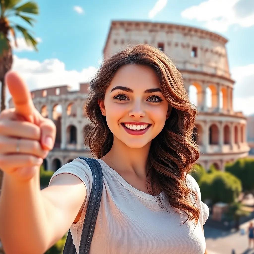 A young woman named Emma, with wavy brown hair and light skin, excitedly pointing at the Colosseum in Rome, sunny day, cheerful atmosphere, digital art, vibrant colors, inviting scenery, high quality