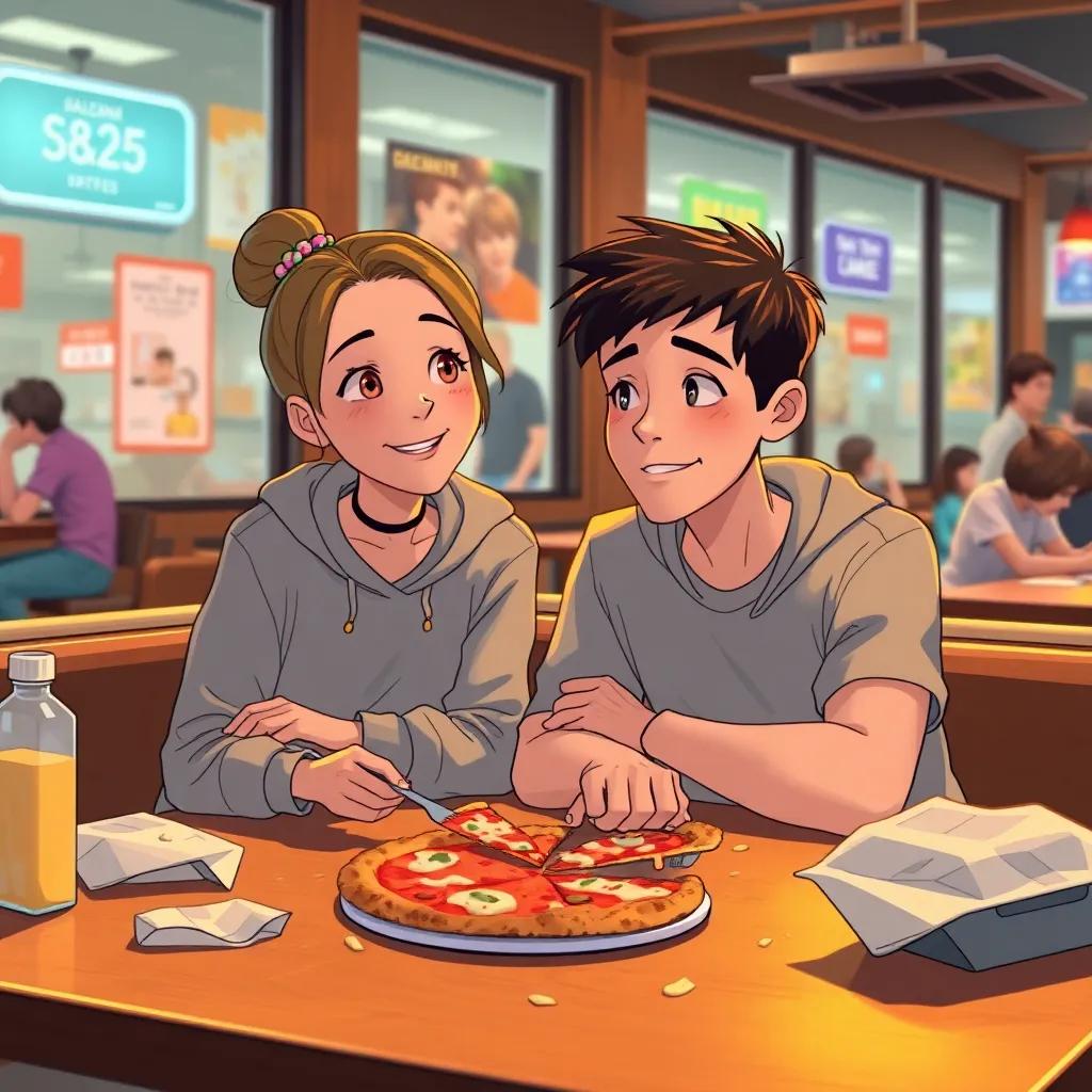 Emma and Jake, a young man with short, dark hair and light skin, sitting at a cafe table with pizza leftovers, messy table setting, relaxed vibes, illustration, warm light, bustling background, child-friendly