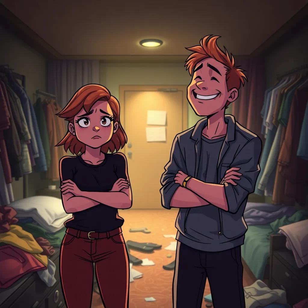 A frustrated Emma, with her arms crossed, and Jake laughing carelessly as they stand in a hotel room full of clothes and mess, contrasting expressions, gloomy light, chaotic feel, cartoonish style, fun