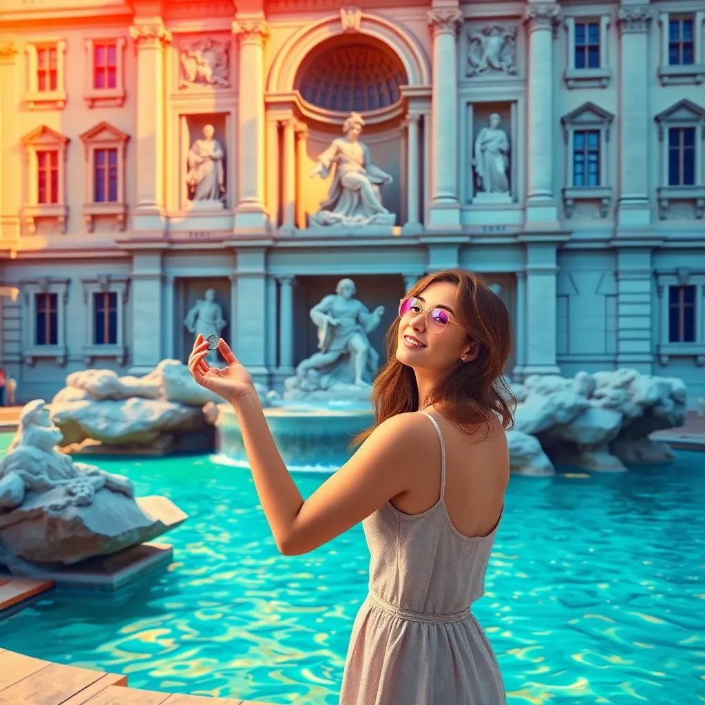 A beautiful scene of Emma alone, tossing a coin at the Trevi Fountain in Rome, bright colors, optimistic expression, sparkling water, peaceful ambiance, dreamy digital painting, high quality