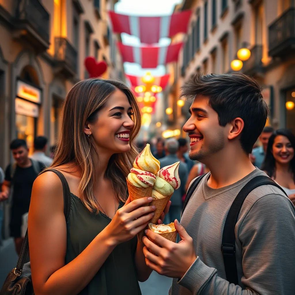 Emma and Jake, enjoying colorful gelato in a vibrant Roman street filled with cheerful people, smiles and laughter, cozy warm light, friendly atmosphere, heartwarming, visual storytelling, rich colors