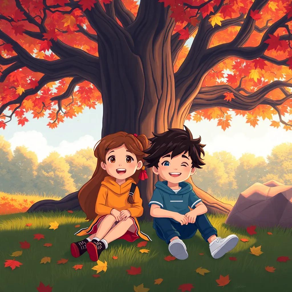 Two friends, Mia and Leo, sitting under an ancient oak tree with vibrant fall leaves around them, joyful expressions, nature background, warm light, inviting atmosphere, digital art, child-friendly