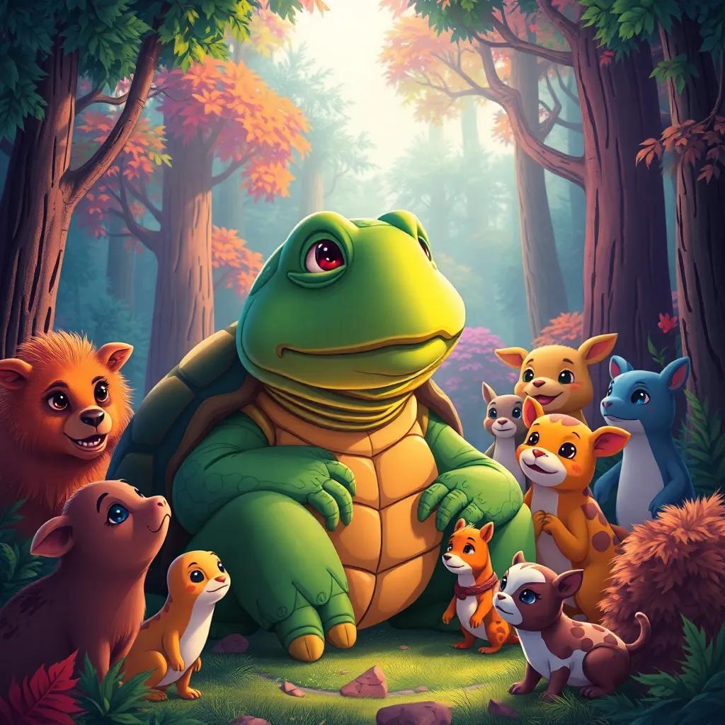 A wise old turtle named Mr. T with a thoughtful expression, surrounded by curious animals, storytelling scene in a colorful forest, gentle sunlight filtering through the trees, detailed and vibrant, illustration