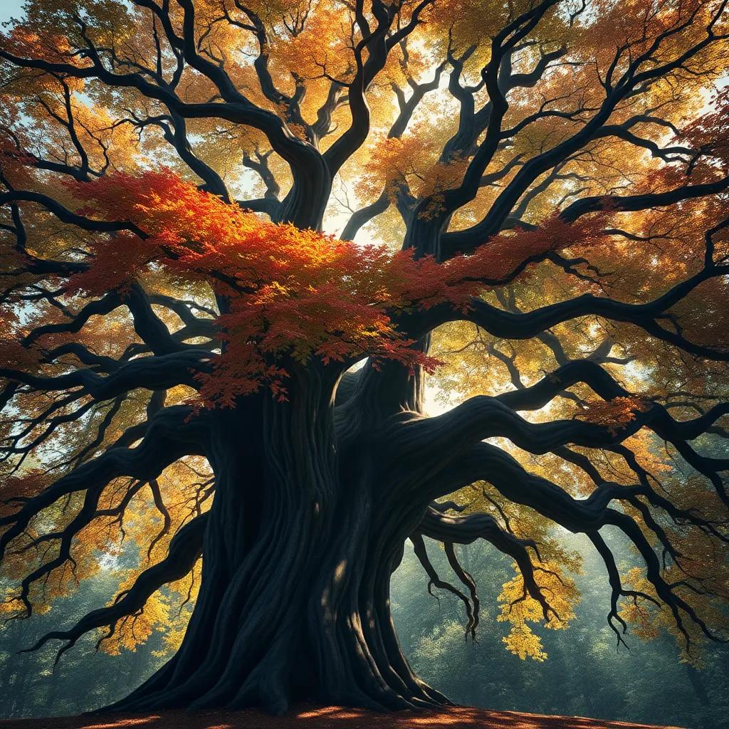 An ancient oak tree with leaves changing colors in the wind, a riddle in the air, with sunlight filtering through branches, showcasing change, artistic, digital painting, engaging atmosphere