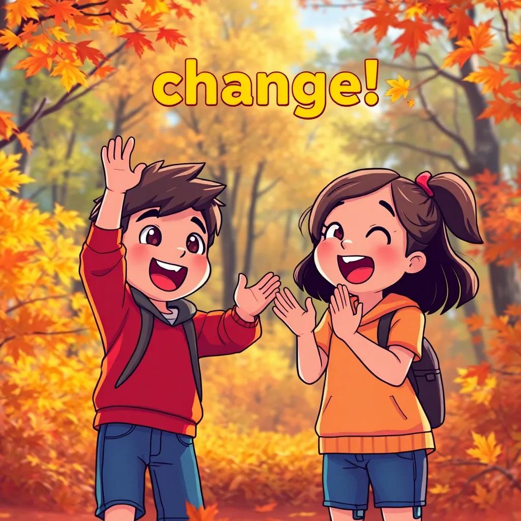 Leo excitedly exclaims change, and Mia claps her hands, full of joy, framed by the changing leaves and vibrant forest, dynamic moment, lively, child-friendly