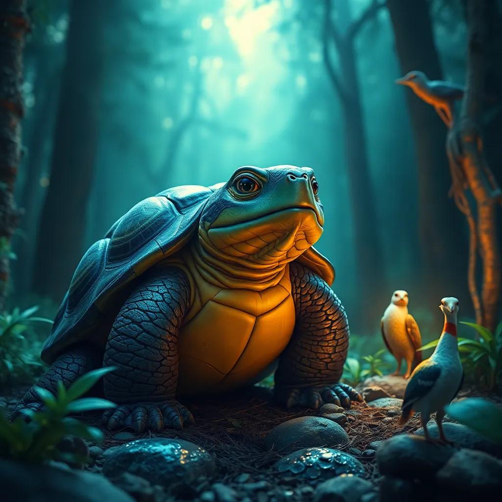 Mr. T the turtle speaking wisdom, glowing forest ambiance, soft lighting enhancing the wise atmosphere, colorful wildlife listening in awe, artistic, detailed