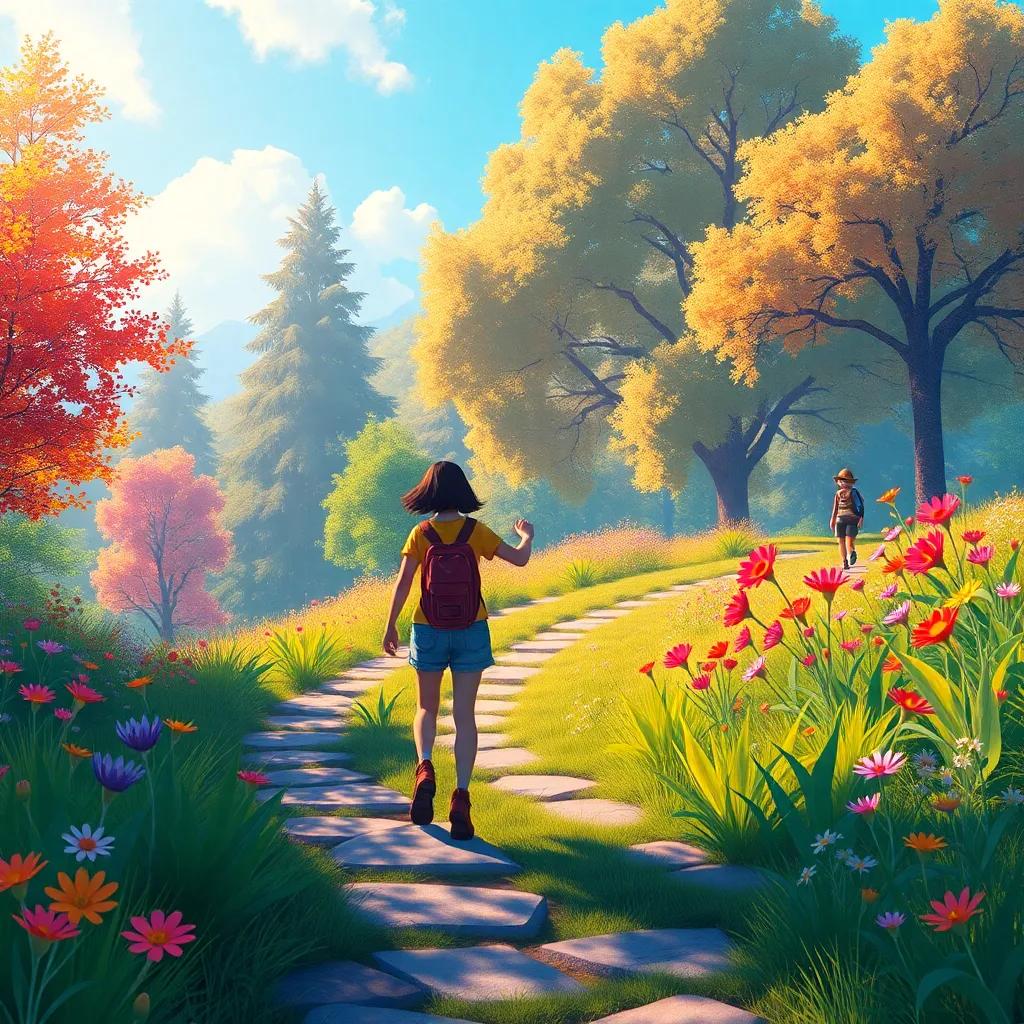 Mia and Leo exploring a winding path, hand in hand, discovering the beauty of nature around them, lush trees, colorful flowers, adventure scene, bright and vibrant