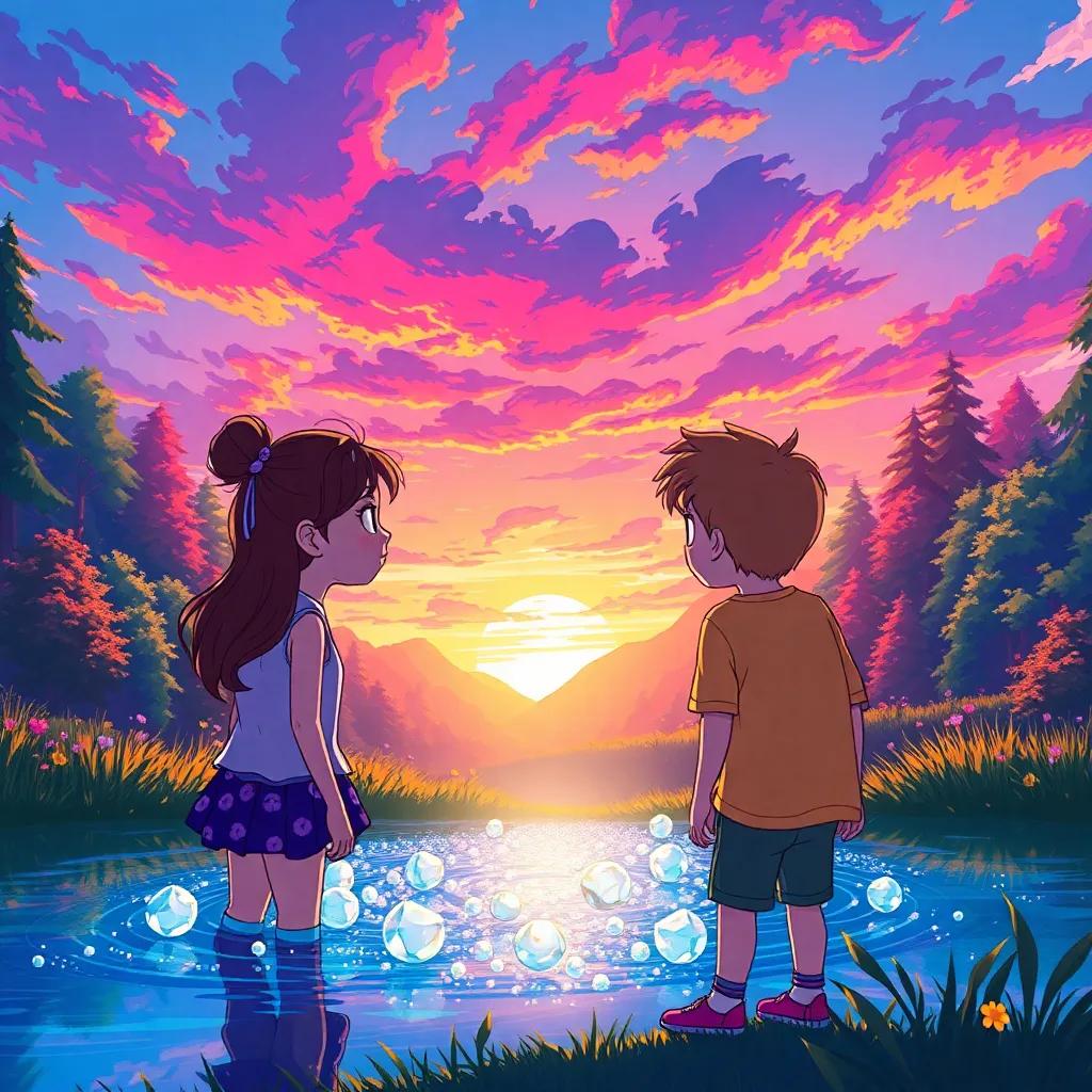 The friends gazing into a sparkling pond, reflecting the sunset sky, Mia contemplating change, Leo joyful, lush forest surroundings, colorful, captivating scene, child-friendly