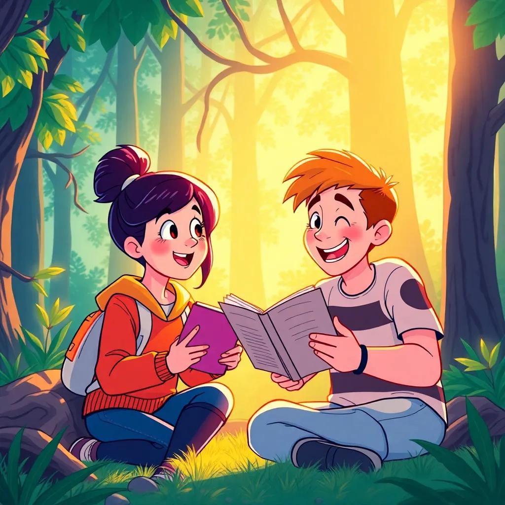Mia and Leo enthusiastically telling Mr. T what they've learned, animated expressions, warm forest light around them, storytelling moment, engaging scene, colorful illustration