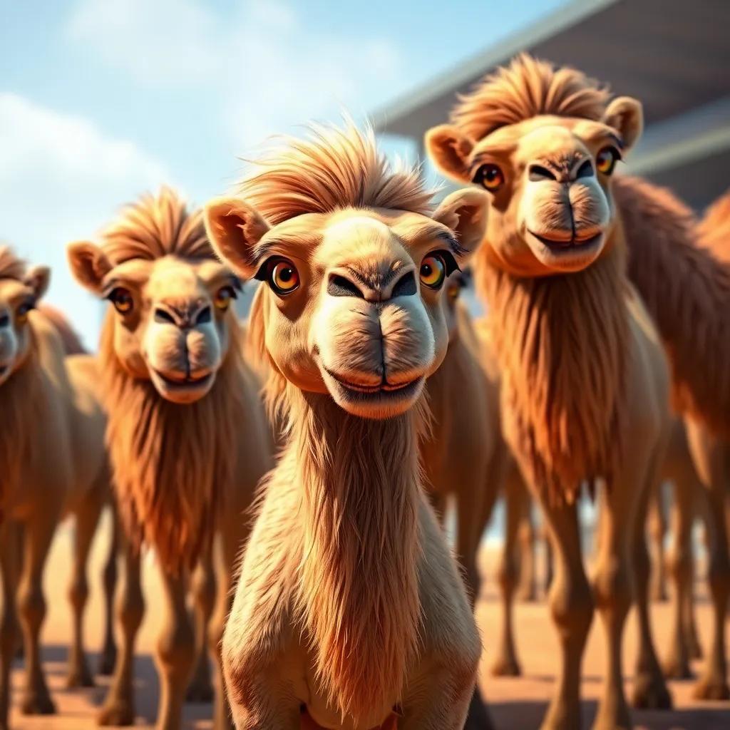 A group of camels lined up at the starting line with long hair and expressive eyes, one particular camel, Farha, stands out, looking eager and strong, detailed depiction, vibrant colors, action-packed moment, digital art