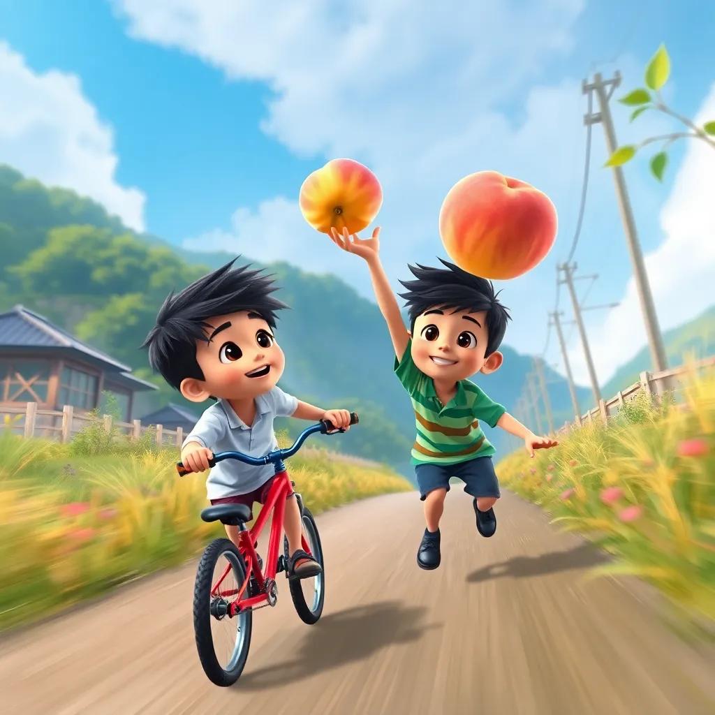A young boy riding his bike towards Farha, holding a peach high in the air, Farha looking determined to chase after the peach, exciting scenery, motion capture, colorful, dynamic angle, illustration