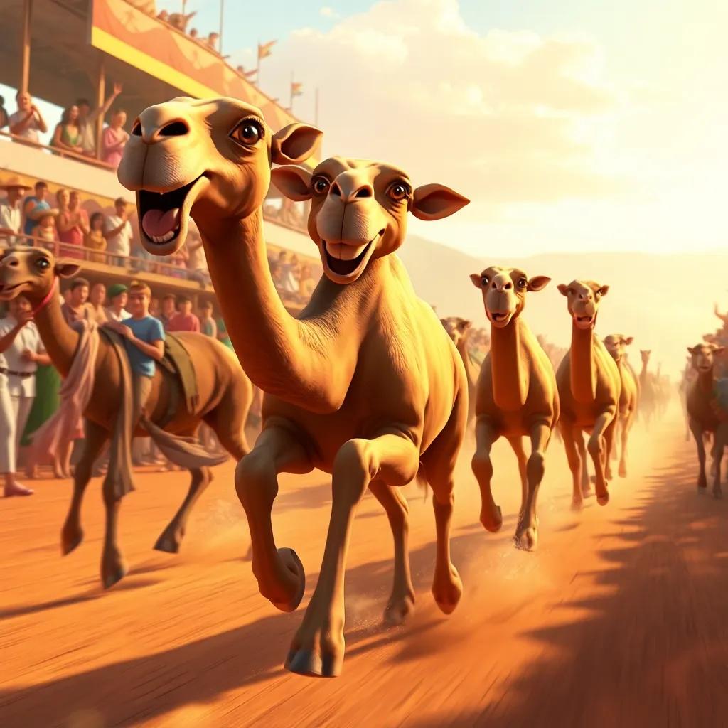 Farha bursting ahead in the race, other camels struggling to keep up, joyful animations around her, the crowd cheering, warm sunlight highlighting the excitement, digital painting, enthralling moment