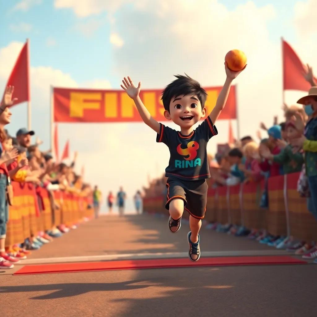 The finish line with a cheering crowd, Farha crossing it first, the young boy jumping in joy, peach in hand, colorful atmosphere, heartwarming celebration, digital art, joyful moment, high quality