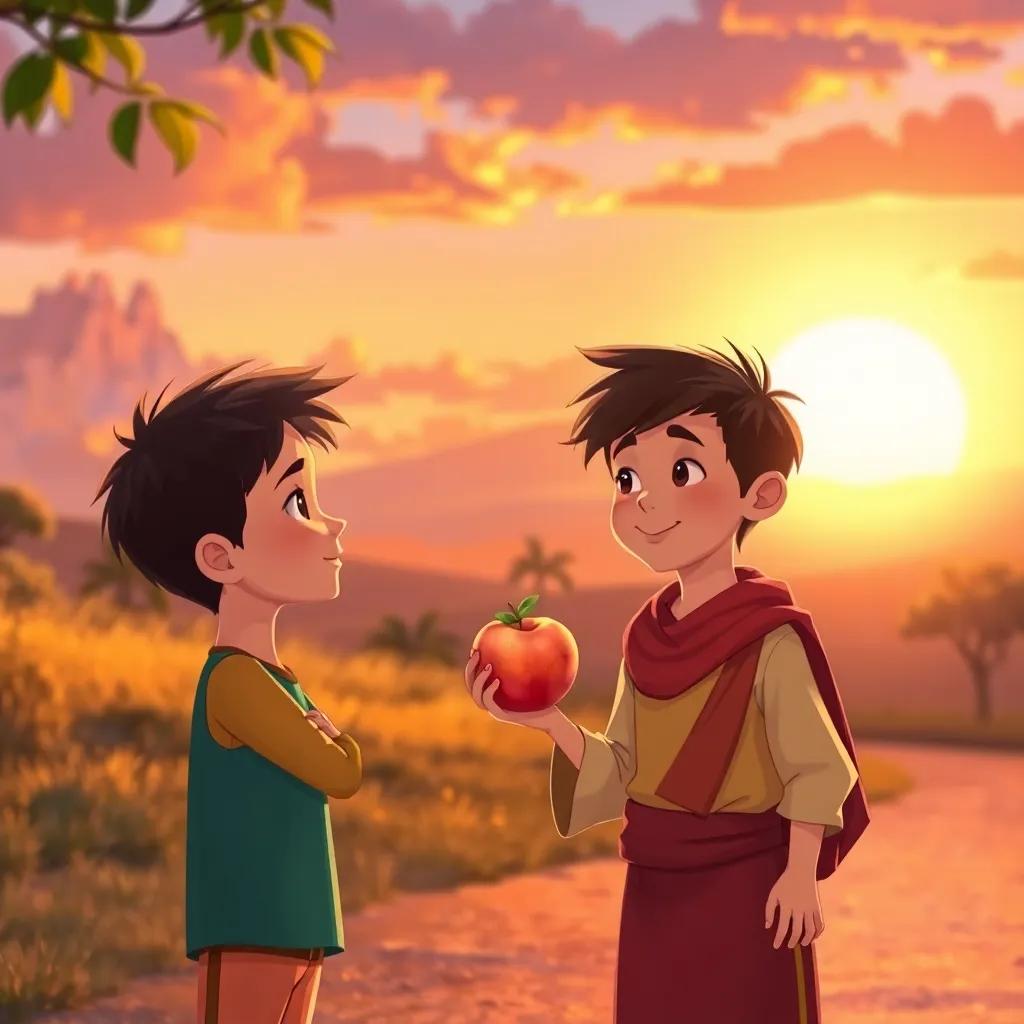 The boy gently handing a peach to Farha, who looks happy and satisfied after winning the race, beautiful sunset in the background, warm colors, nurturing scene, heartwarming illustration, storybook style