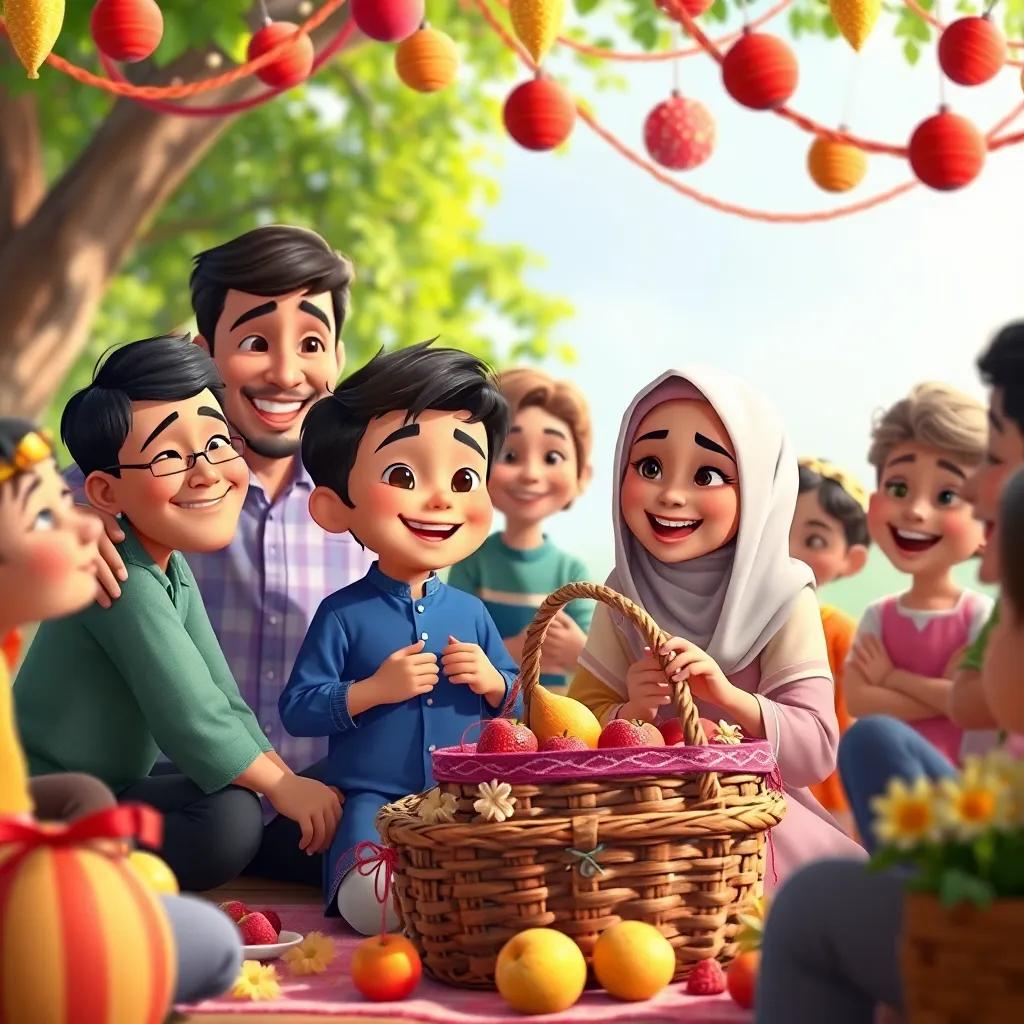 The celebration scene with the boy and Farha surrounded by family and friends, joyful expressions, picnic basket with fruits, festive decorations around, vibrant details, digital art, community spirit, joyful imagery
