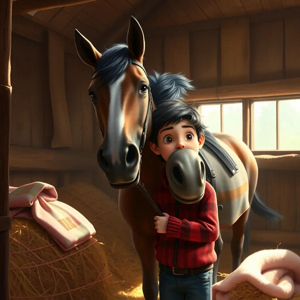 The boy and Farha together in the stable after the race, both looking content and happy, cozy setting with hay and blankets, sunlight filtering through, intimate moment, digital painting