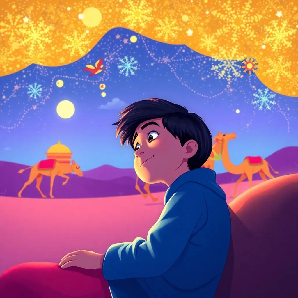 The boy dreaming about the next camel race, with illustrations of Farha running joyfully in his imagination, colorful and imaginative design, inviting scene, vibrant art style