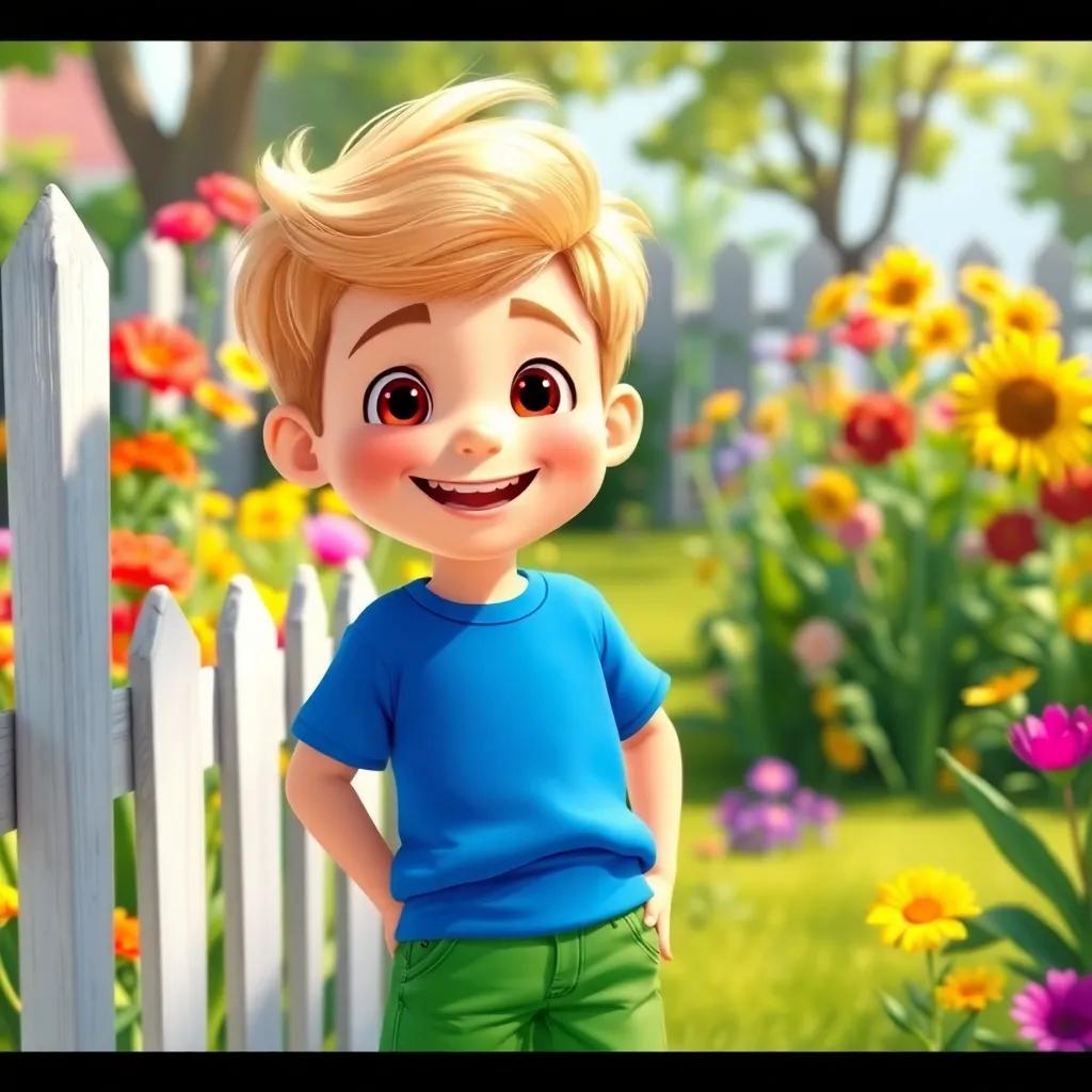 A cheerful boy, Max, with short blond hair wearing a bright blue shirt and green shorts, standing next to a fence in a colorful garden, sunny day, bright colors, joyful atmosphere, happy expression, illustration, child-friendly, digital art