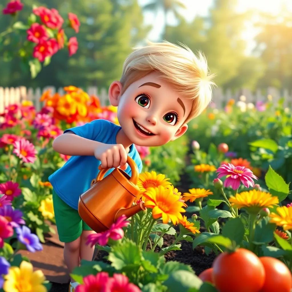 Max, a cheerful boy with short blond hair wearing a bright blue shirt and green shorts, watering vibrant flowers in a garden filled with vegetables, afternoon sunlight, bright colors, nurturing scene, digital painting, vivid, uplifting