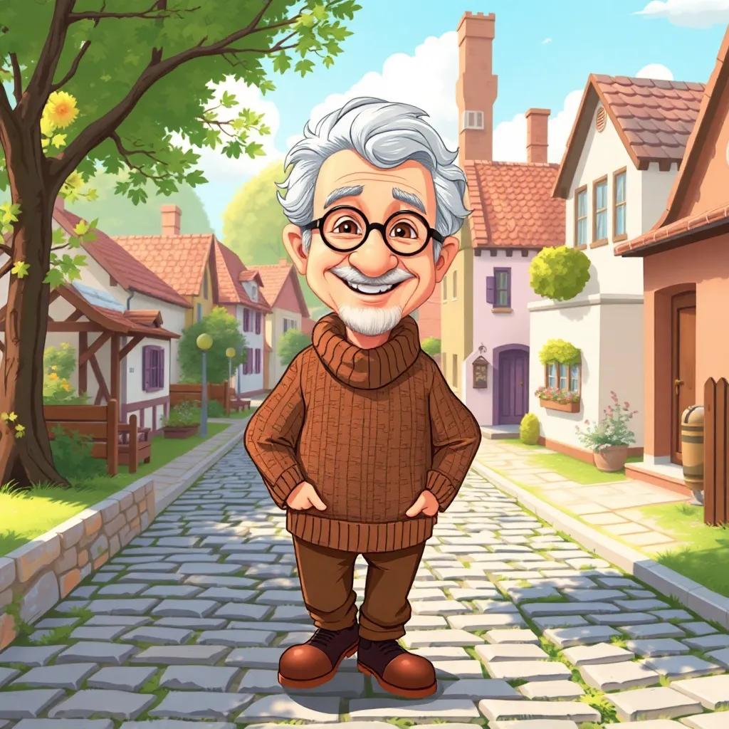 A cheerful old man, Mr. Harris, with gray hair and a warm sweater, walking on a cobblestone path in a quaint village, surrounded by trees and houses, digital art, warm colors, sunny day, inviting atmosphere, high quality