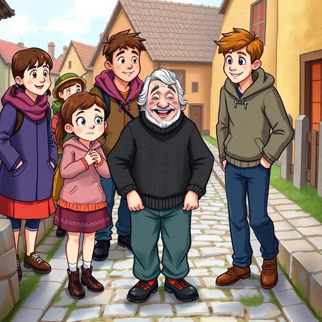 A group of villagers, including a young girl with twinkling eyes and a tall boy, helping an old man, Mr. Harris, with gray hair and a warm sweater, standing on a cobblestone path, expressions of concern and laughter, vibrant colors, heartwarming scene, community spirit, high quality