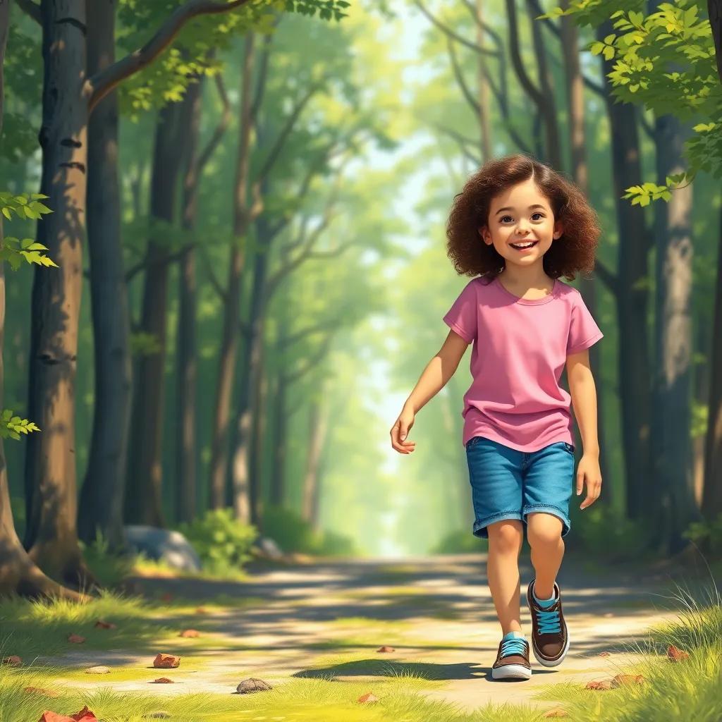 A cheerful 10-year-old girl, Mia, with curly brown hair, wearing a pink T-shirt and denim shorts, walking hand in hand with her younger brother, Ethan, in a sunny forest, digital art, vibrant colors, joyful atmosphere, high quality