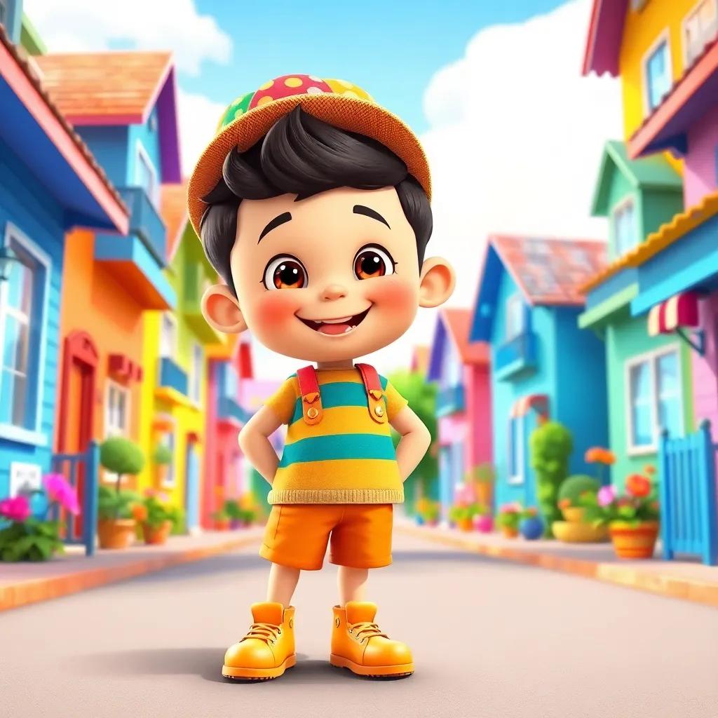 A cheerful young boy, Popk, wearing bright orange shoes and a colorful hat, standing in a sunny town filled with vibrant houses, digital art, bright and cheerful, playful atmosphere, high quality