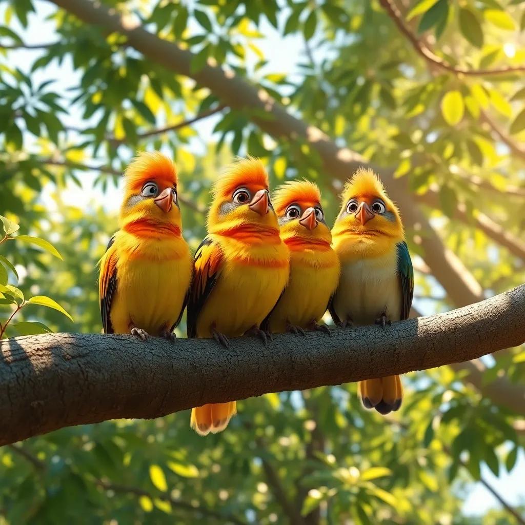 Birds gathering on a strong branch with bright feathers, feeling excited and nervous, sunlight filtering through leaves, high in the trees, digital art, vivid colors, joyful mood