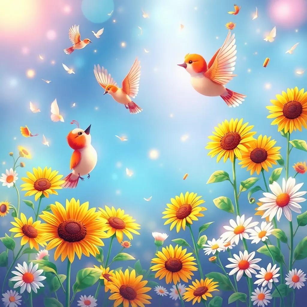 A beautiful scene of birds singing sweet melodies, flowers swaying with delight, sunflowers dancing and daisies nodding, magical and lively atmosphere, illustration, colorful